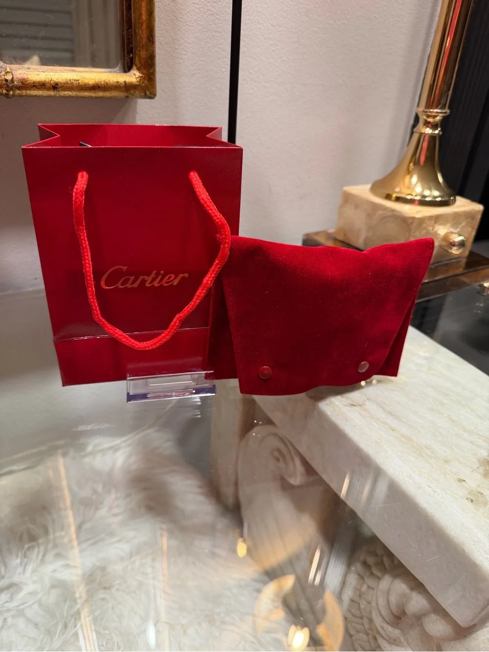 Cartier 3 piece~ Red Velvet Jewelry Sleeve with Gold Hardware, Gift Bag + Card